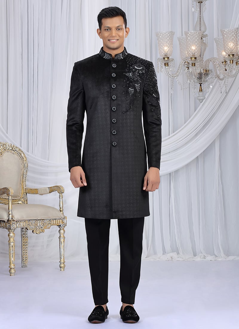 Black Velvet Beads Sequins Zardosi Hand Embroidered Cutdana Indowestern Sherwani