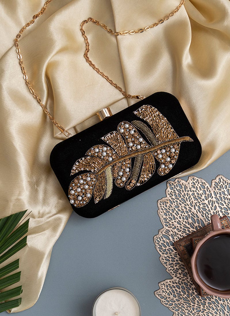 Black Velvet Clutch Embossed With Embroidery And Sequins