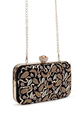 Black Velvet Cut Dana Beads Sequins Work Clutch