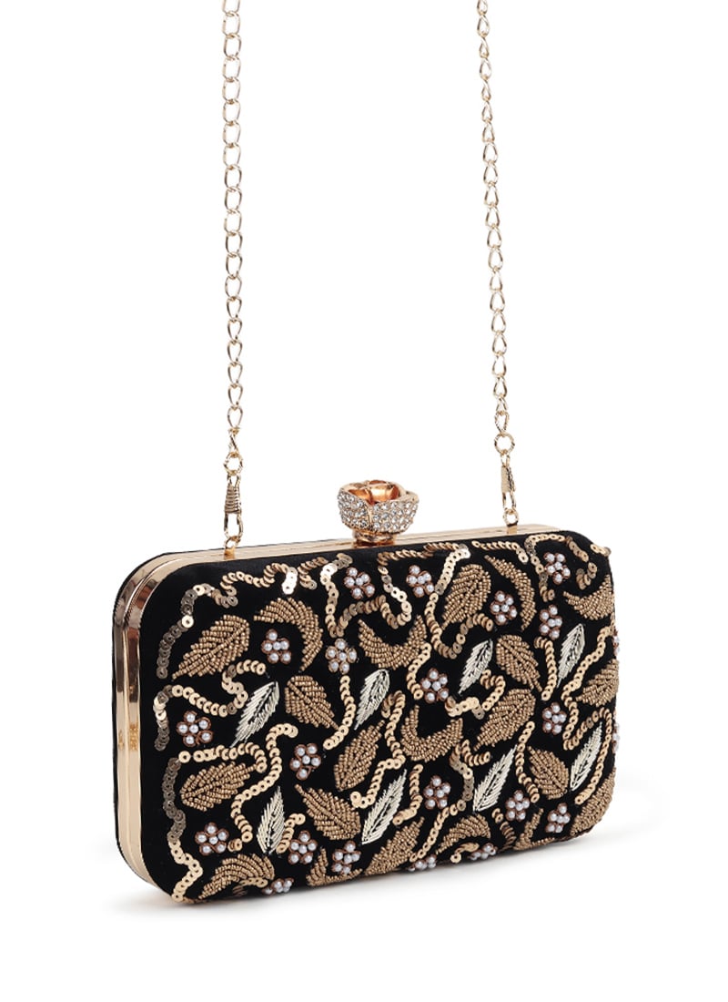 Black Velvet Cut Dana Beads Sequins Work Clutch