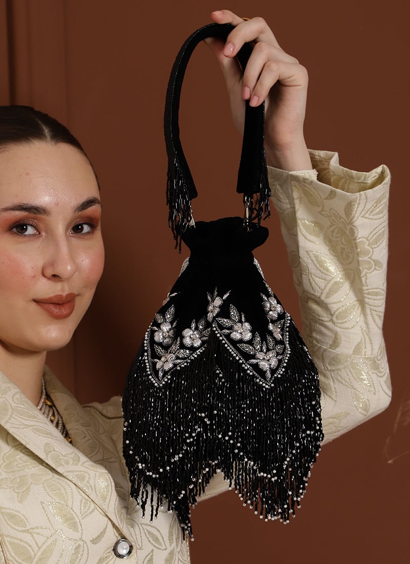 Black Velvet Cut Dana Potli Embossed With Beads And Embroidered Party Wear