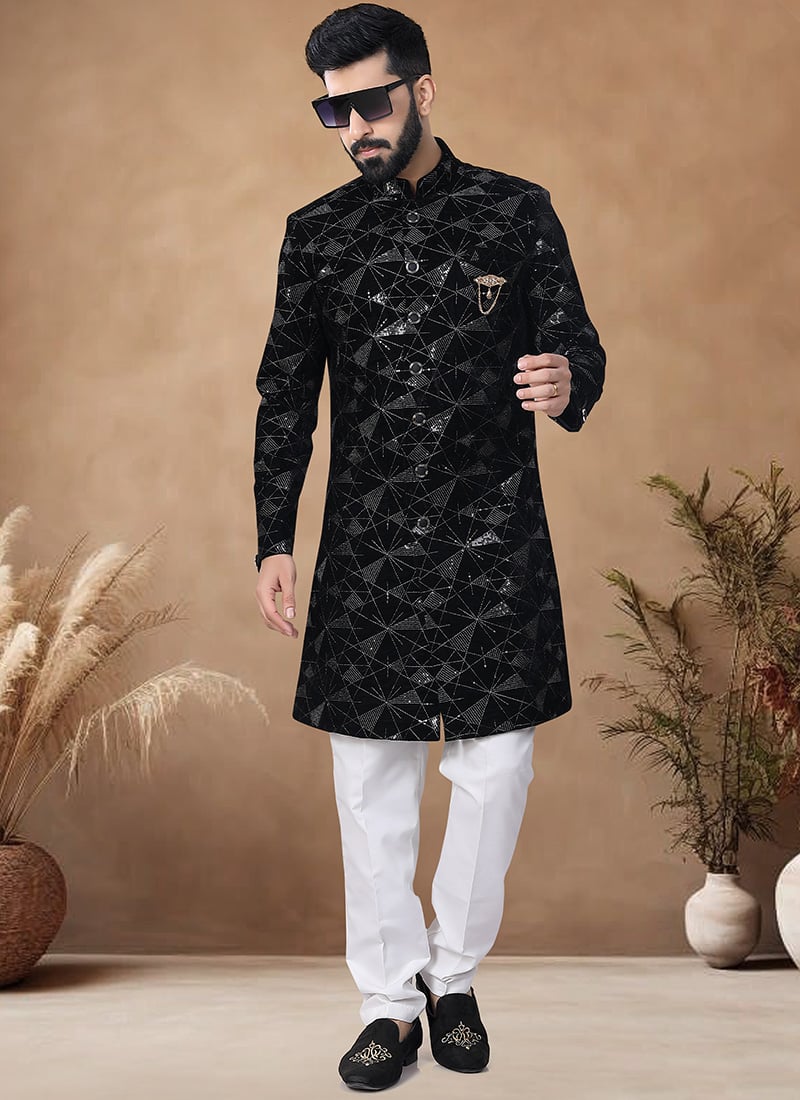 Black Velvet Embroidered And Sequins Thread Classic Sherwani