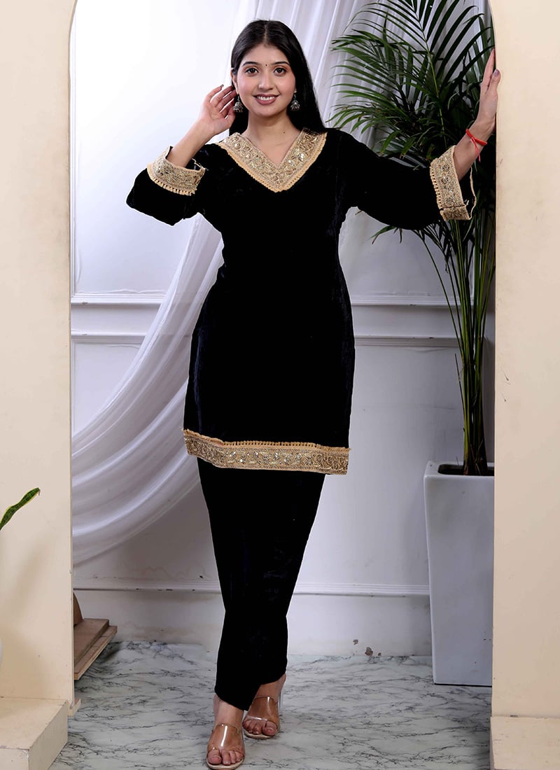 Black Velvet Embroidered Indowestern Co ord Set Festive Wear
