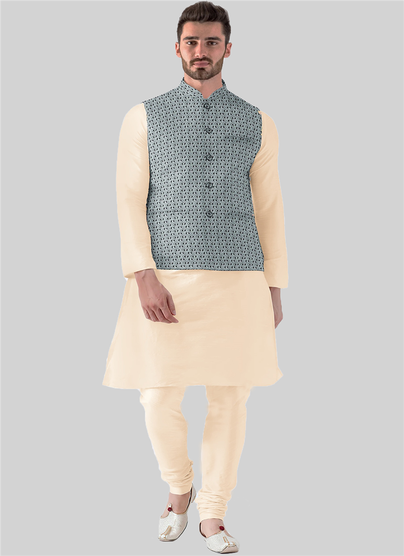 Blue Embroidered Art Silk N Cream Bandi Set