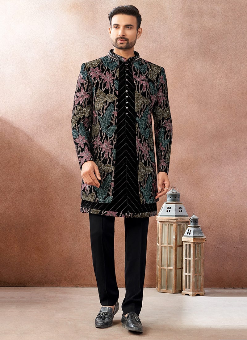 Black Velvet Embroidered Sequin Open Indo Western Sherwani  Wedding Wear