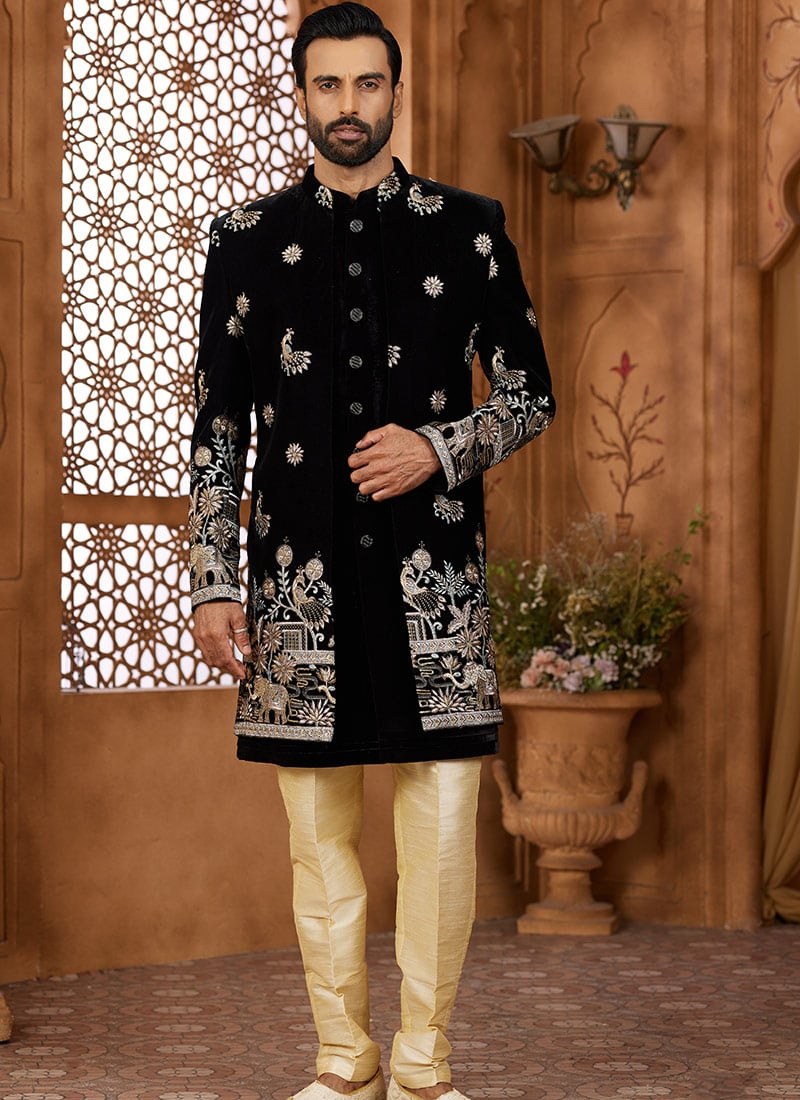 Black Velvet Embroidered Sequins  Indowestern Sherwani Wedding Wear