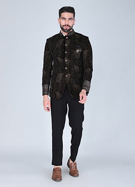 Black Velvet Embroidered Sequins Bandhgala Suit
