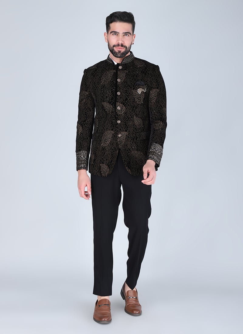 Black Velvet Embroidered Sequins Bandhgala Suit Wedding Wear