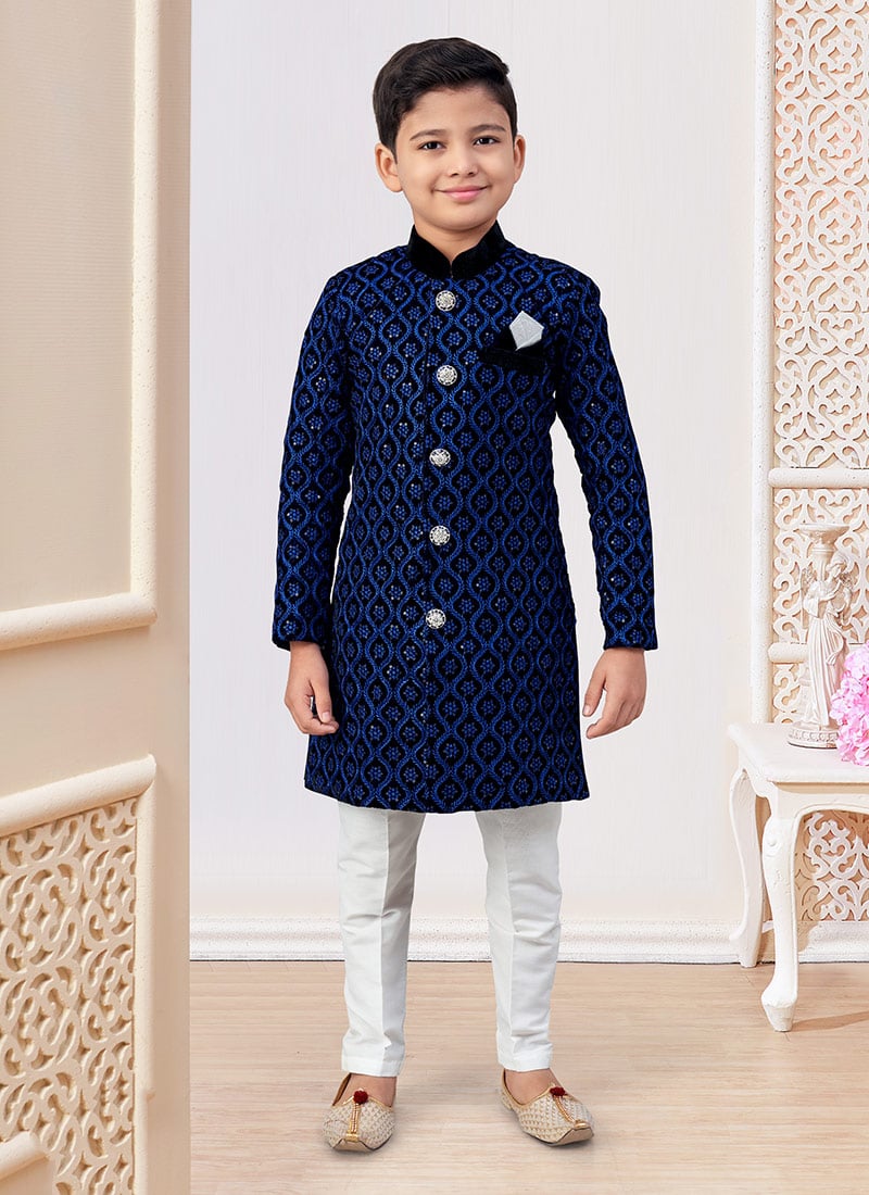 Black Velvet Embroidered Sequins Boys Indowestern Sherwani  Wedding Wear