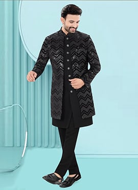 Black Velvet Embroidered Sequins Indowestern Sherwani