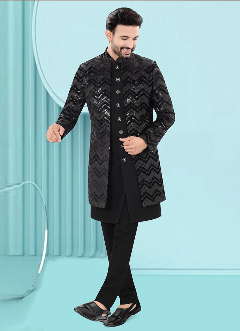 Black Velvet Embroidered Sequins Indowestern Sherwani Wedding Wear