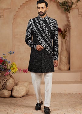 Black Velvet Embroidered Sequins Indowestern Sherwani