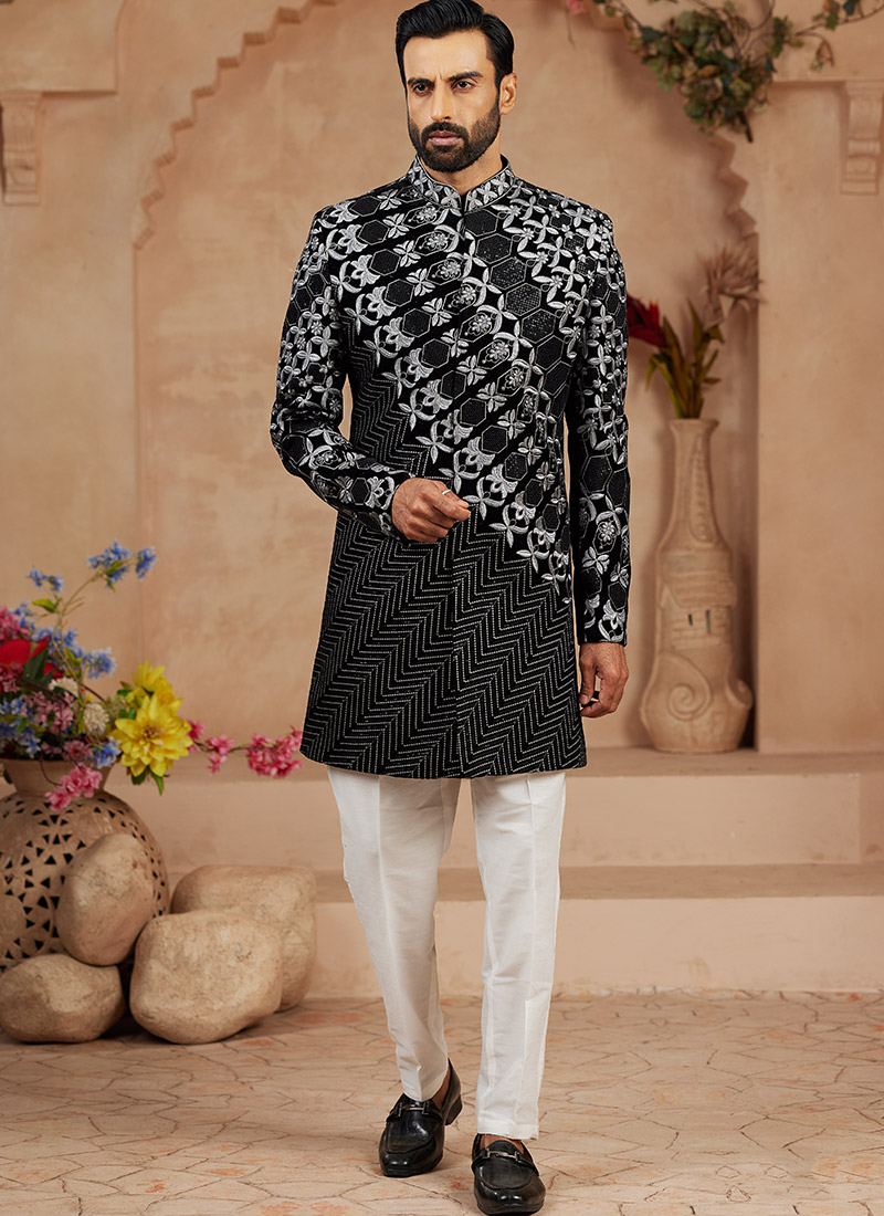 Black Velvet Embroidered Sequins Indowestern Sherwani Wedding Wear
