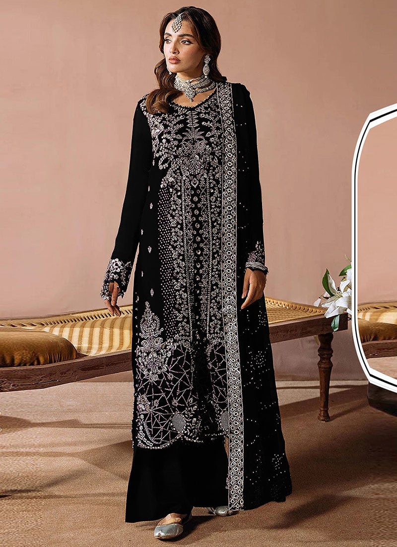Black Velvet Embroidered Sequins Pakistani Palazzo Suit Festive Wear