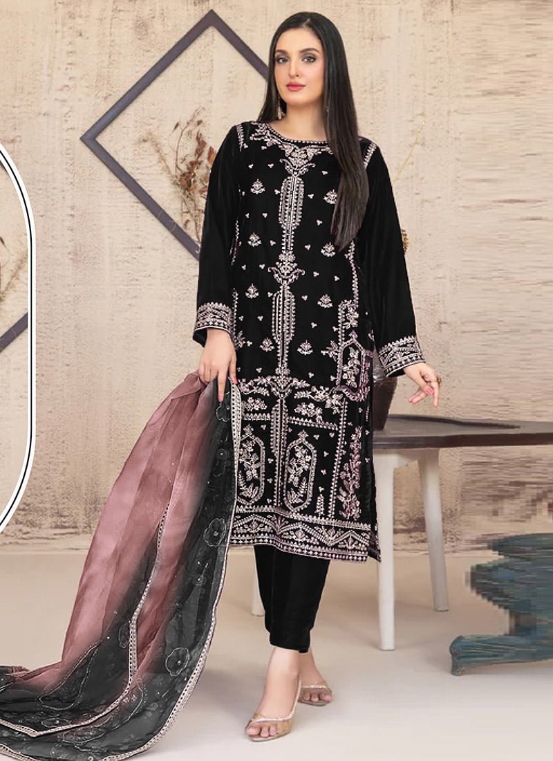 Black Velvet Embroidered Sequins Pakistani Straight Pant Suit Festive Wear