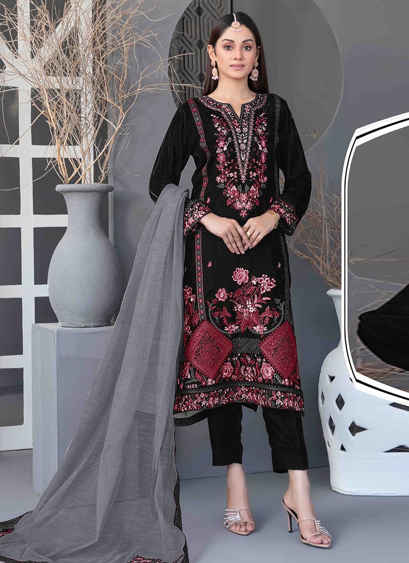 Black Velvet Embroidered Sequins Pakistani Straight Pant Suit Festive Wear