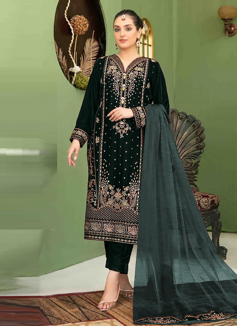 Black Velvet Embroidered Sequins Pakistani Straight Pant Suit Festive Wear
