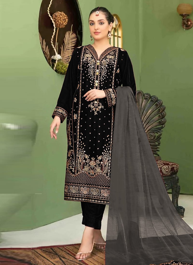 Black Velvet Embroidered Sequins Pakistani Straight Pant Suit Festive Wear