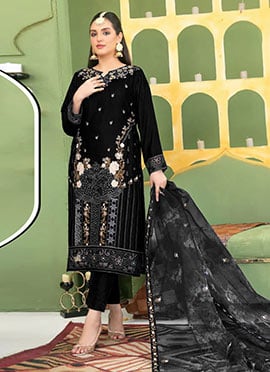 Black Velvet Embroidered Sequins Pakistani Straight Pant Suit