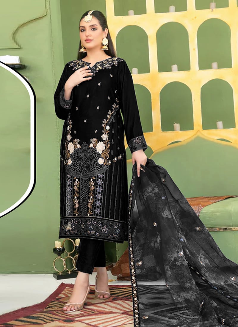 Black Velvet Embroidered Sequins Pakistani Straight Pant Suit Festive Wear