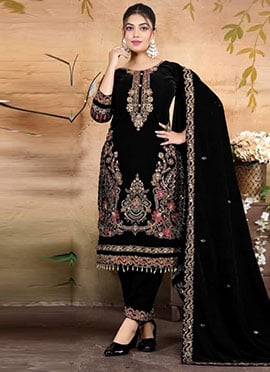 Black Velvet Embroidered Sequins Pakistani Straight Pant Suit