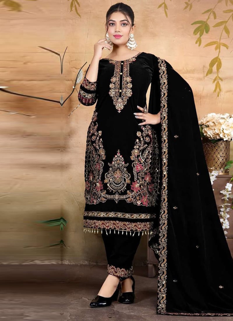 Black Velvet Embroidered Sequins Pakistani Straight Pant Suit Festive Wear