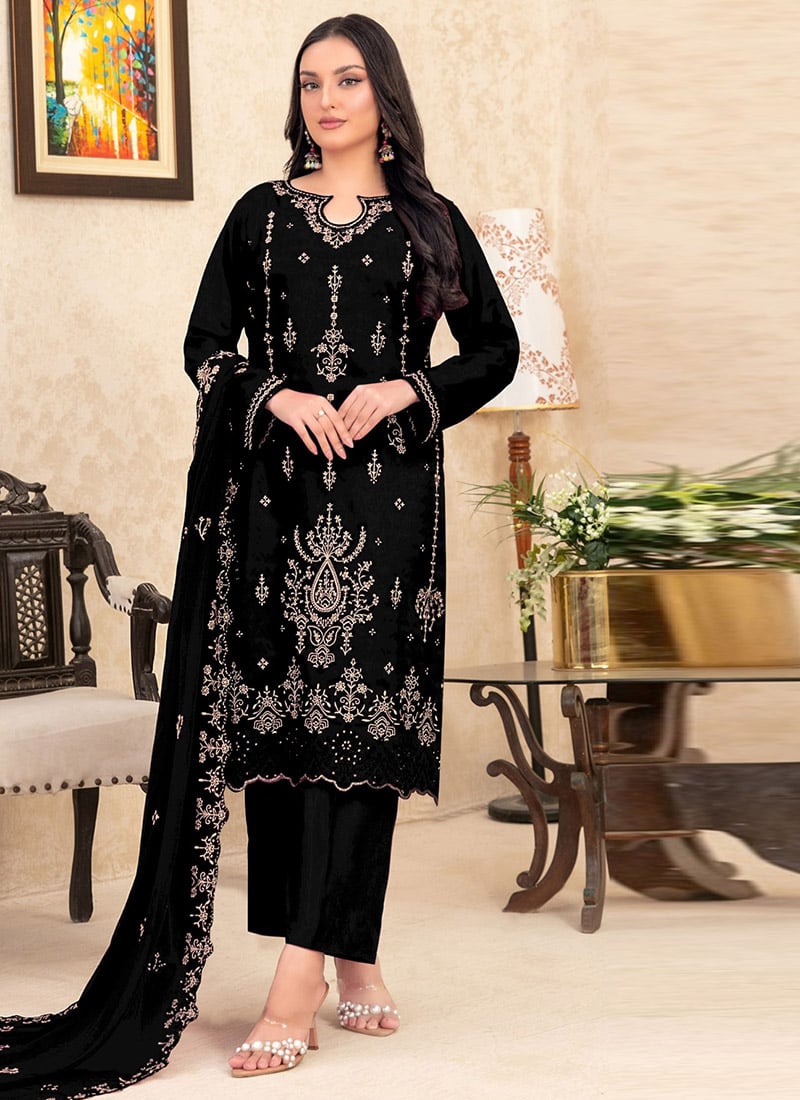 Black Velvet Embroidered Sequins Pakistani Straight Pant Suit Festive Wear