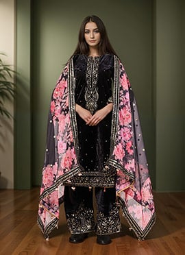 Black Velvet Embroidered Sequins Palazzo Suit With Digital Print Dupatta