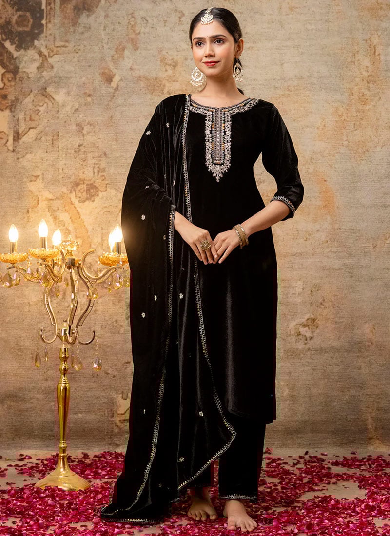 Black Velvet Embroidered Sequins Straight Pant Suit