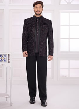 Black Velvet Embroidered Sequins Thread Bandhgala Jacket