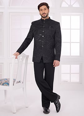 Black Velvet Embroidered Sequins Thread Bandhgala Jacket