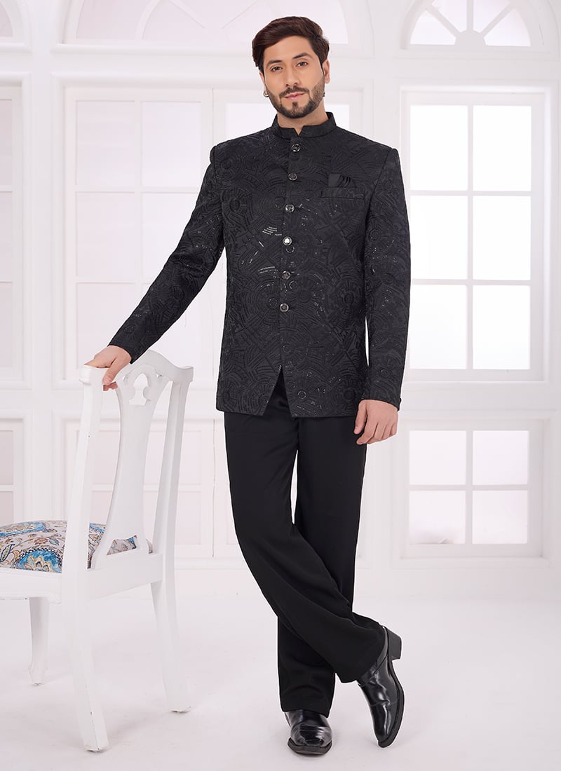 Black Velvet Embroidered Sequins Thread Bandhgala Jacket