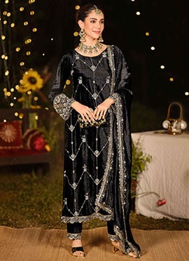Black Velvet Embroidered Sequins Zardosi Beads Straight Pant Suit