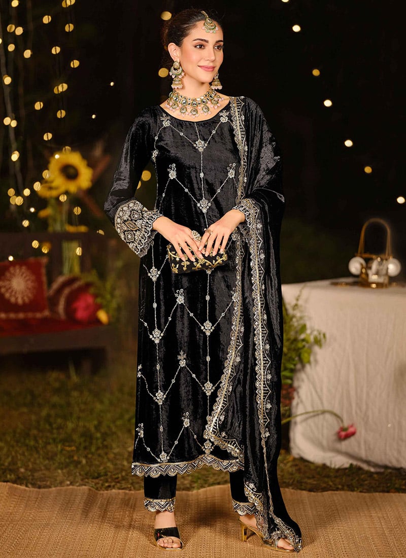 Black Velvet Embroidered Sequins Zardosi Beads Straight Pant Suit