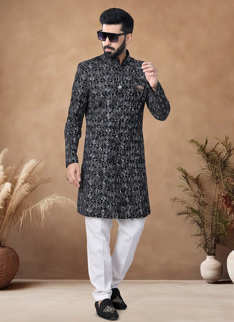 Black Velvet Embroidered Thread Classic Sherwani Wedding Wear