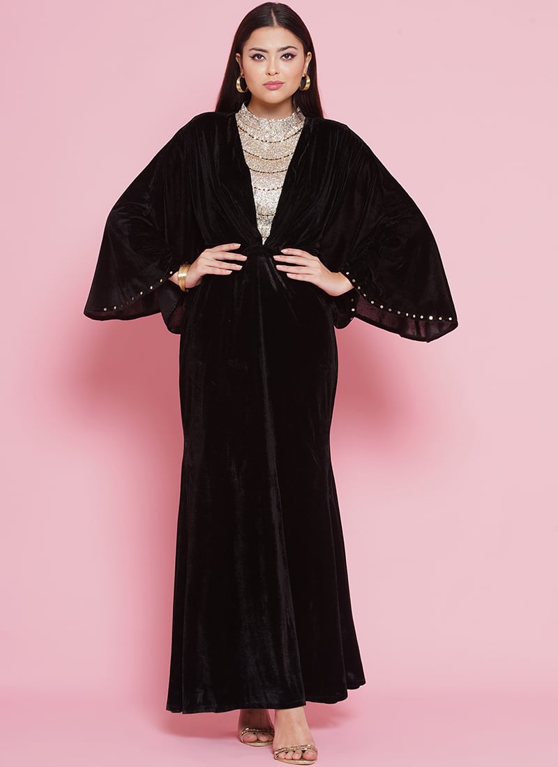 Black Velvet Hand Embroidered Beads Cutdana Work Indowestern Ball Gown After Six Wear