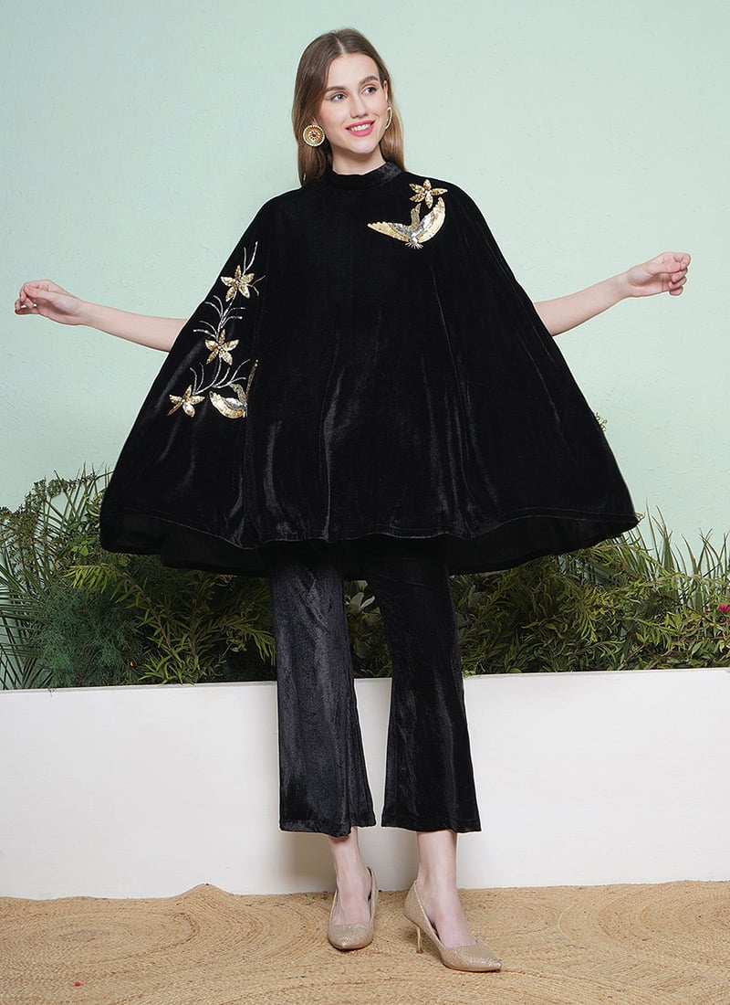 Black Velvet Hand Embroidered Cutdana Indowestern Bell Bottom Pants Co ord Set After Six Wear