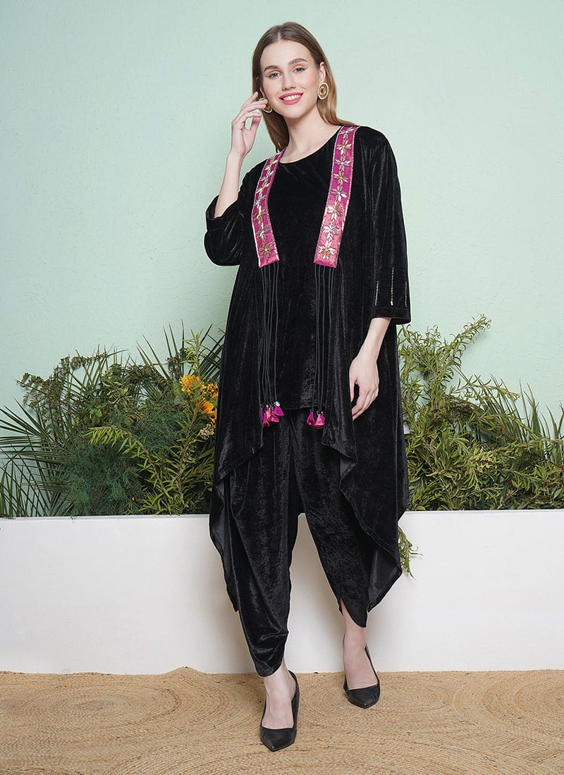 Black Velvet Hand Embroidered Cutdana Indowestern Co ord Jacket And Dhoti Set After Six Wear
