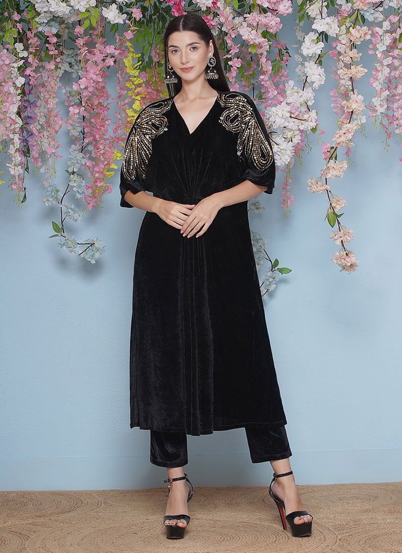 Black Velvet Hand Embroidered Cutdana Indowestern Co ord Set After Six Wear