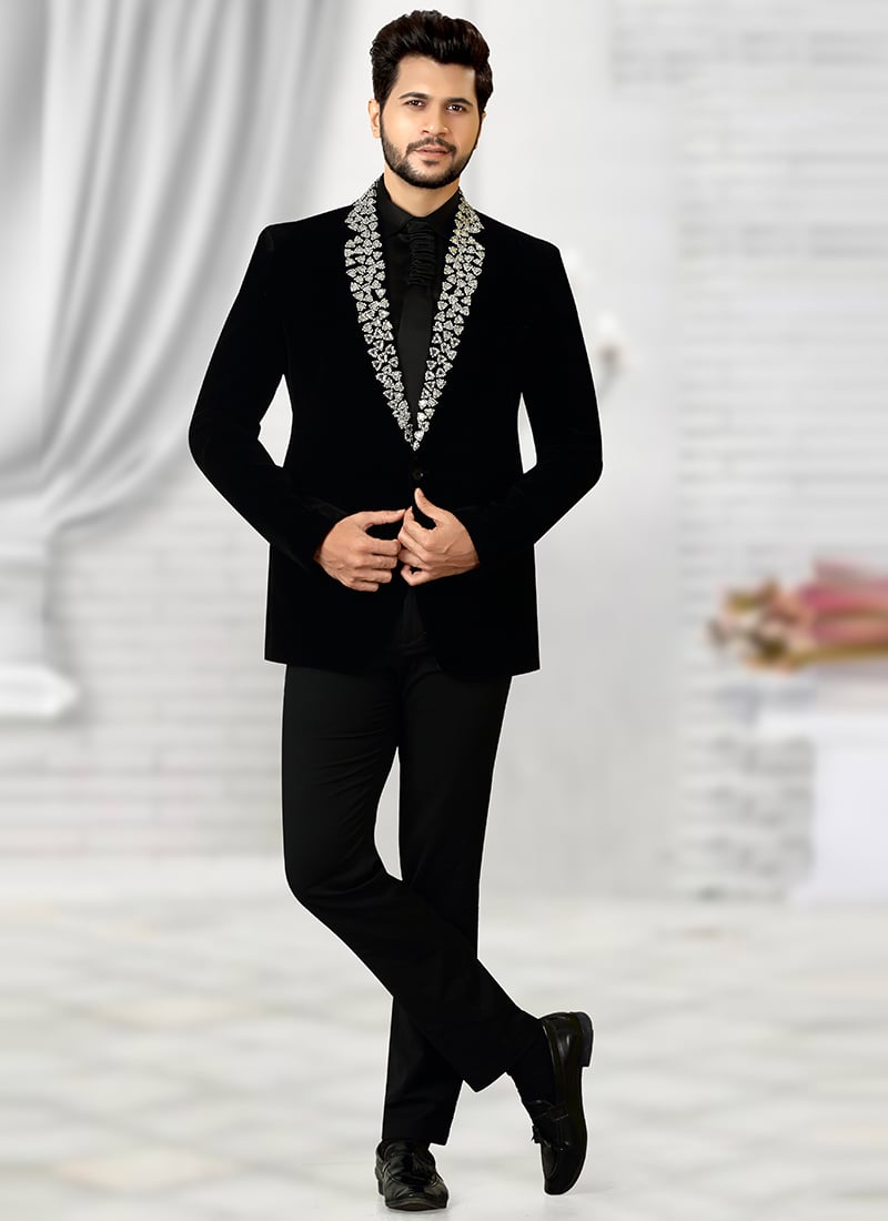 Black Velvet Hand Embroidered Formal Men Suit