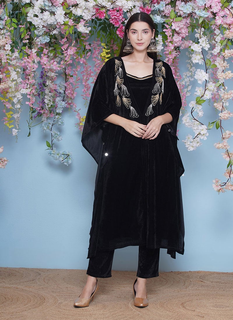 Black Velvet Hand Embroidered Indowestern Kaftan Co ord Set After Six Wear