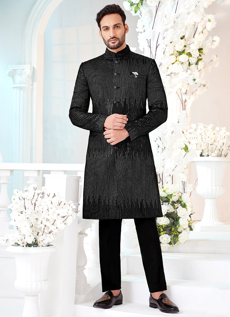 Black Velvet Hand Work Indowestern Sherwani Wedding Wear