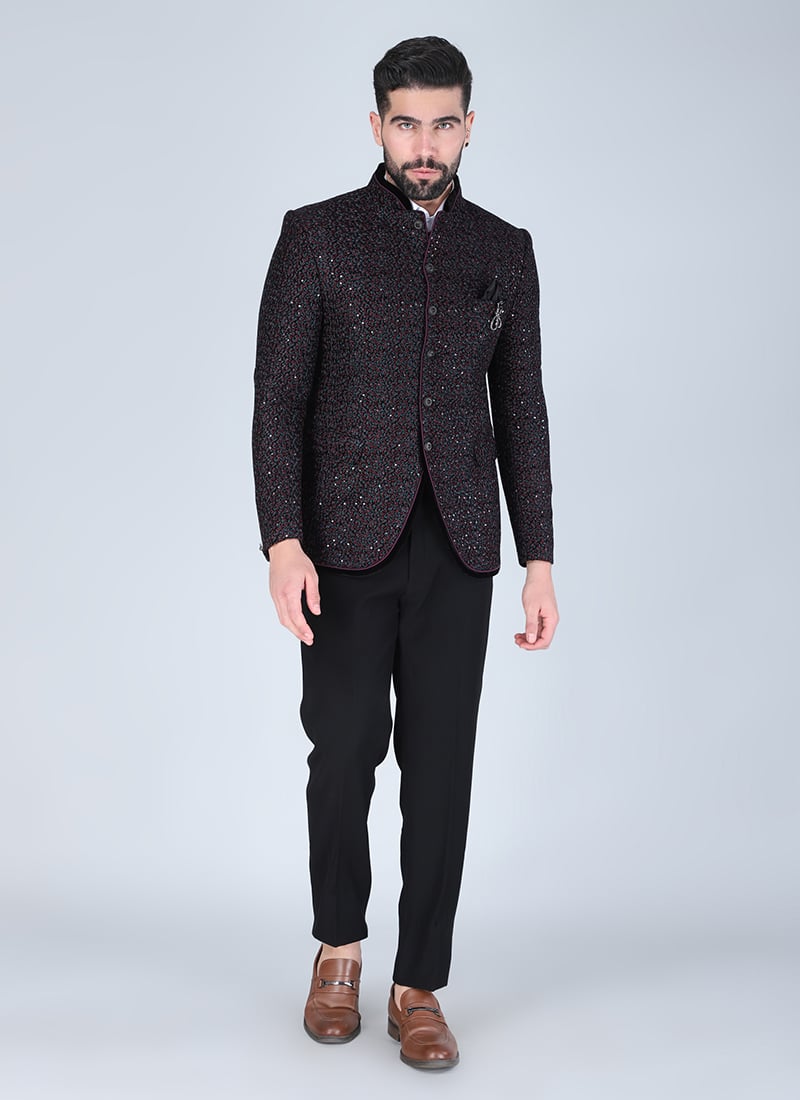 Black Velvet Sequins Embroidered Bandhgala Suit Wedding Wear