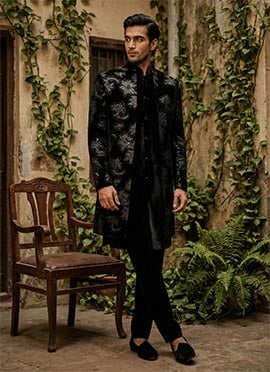 Black Velvet Sequins Embroidered Indowestern Sherwani Set