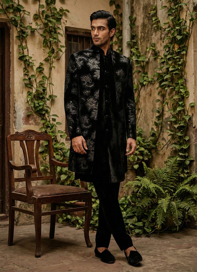 Black Velvet Sequins Embroidered Indowestern Sherwani Set Wedding Wear