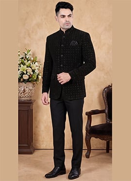 Black Velvet Sequins Jodhpuri Suit For Men