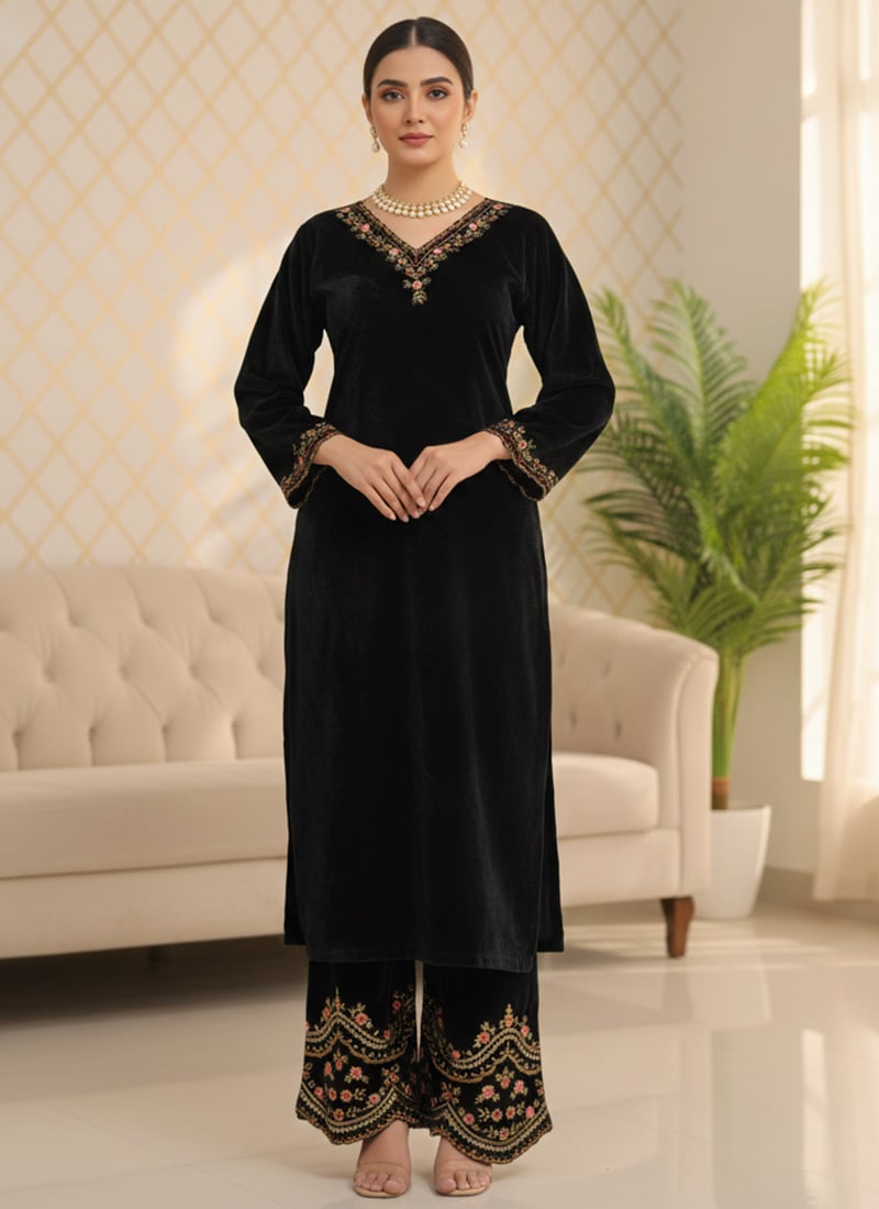 Black Velvet Sequins Thread Kurta Palazzo Set Festive Wear