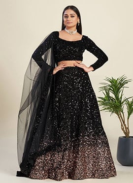 Black Velvet Sequins Umbrella Lehenga