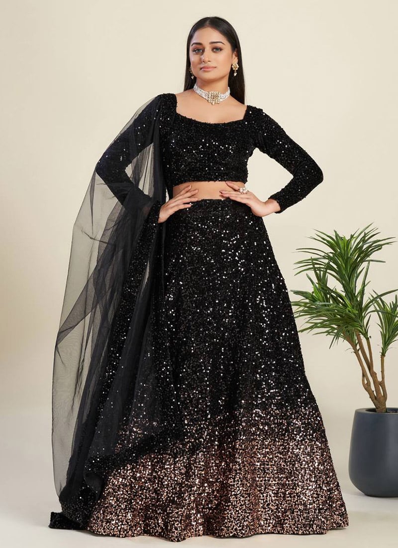 Black Velvet Sequins Umbrella Lehenga Party Wear
