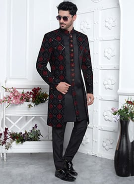 Black Velvet Sherwani With Dazzling Sequins Embroidery